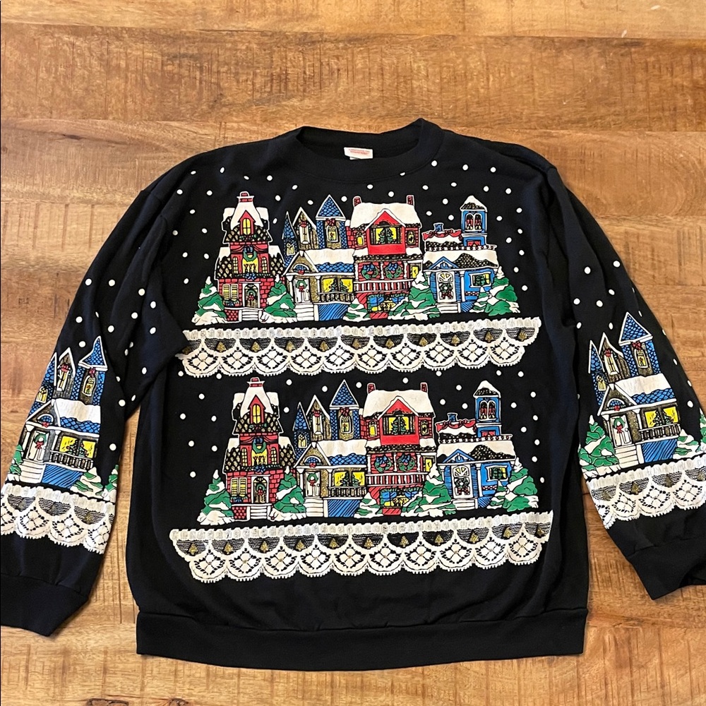 Christmas on Mainstreet Vintage Shirt Victorian Snow Village Lace Print Medium